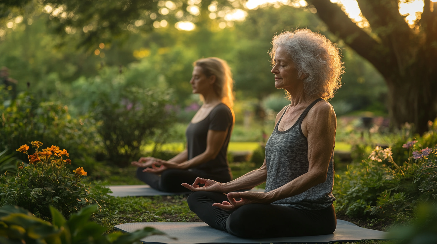 Група людей старшого віку займається йогою в затишній студії